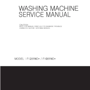 Lg f1281nd service manual cover with LG logo, service website path, washer model codes and service caution notice
