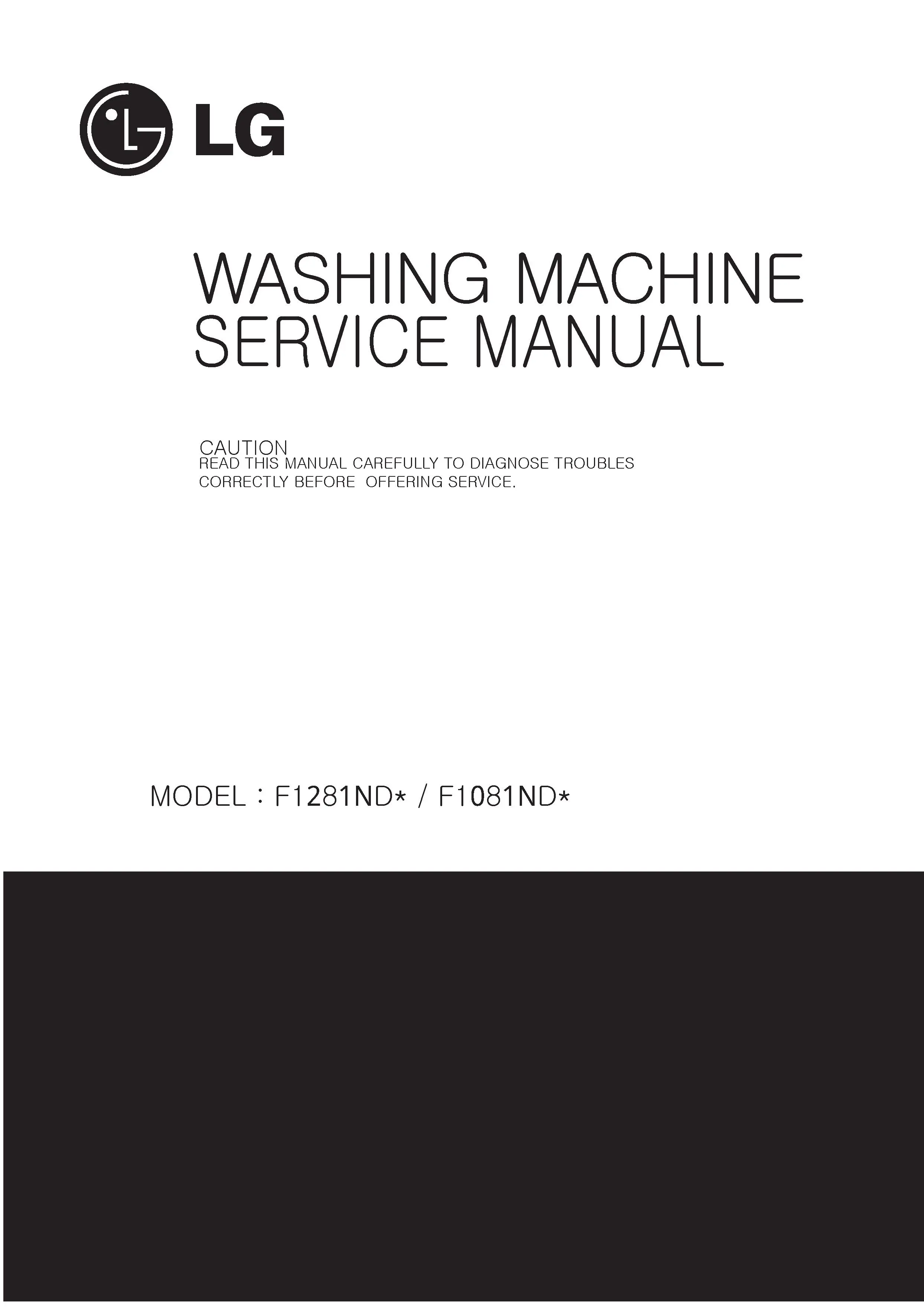 Lg f1281nd service manual cover with LG logo, service website path, washer model codes and service caution notice