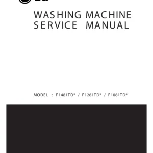 Lg f1281tdp service manual cover with LG logo, service website path, washer model codes and service caution notice
