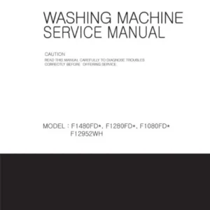 Lg f12952wh service manual cover with LG logo, service website path, washer model codes and service caution notice