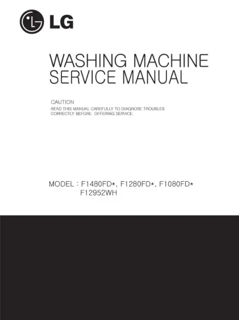 Lg f12952wh service manual cover with LG logo, service website path, washer model codes and service caution notice