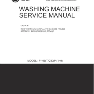 Lg f1296td service manual cover with LG logo, service website path, washer model codes and service caution notice