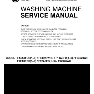 Lg f12a8fd service manual cover with LG logo, service website path, washer model codes and service caution notice