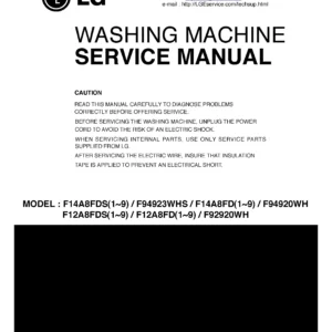 Lg f12a8fds service manual cover with LG logo, service website path, washer model codes and service caution notice