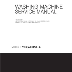 Lg f12a8hd service manual cover with LG logo, service website path, washer model codes and service caution notice