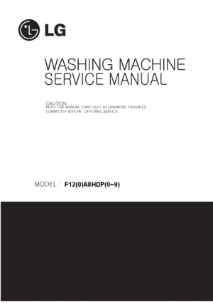 Lg f12a8hd service manual cover with LG logo, service website path, washer model codes and service caution notice