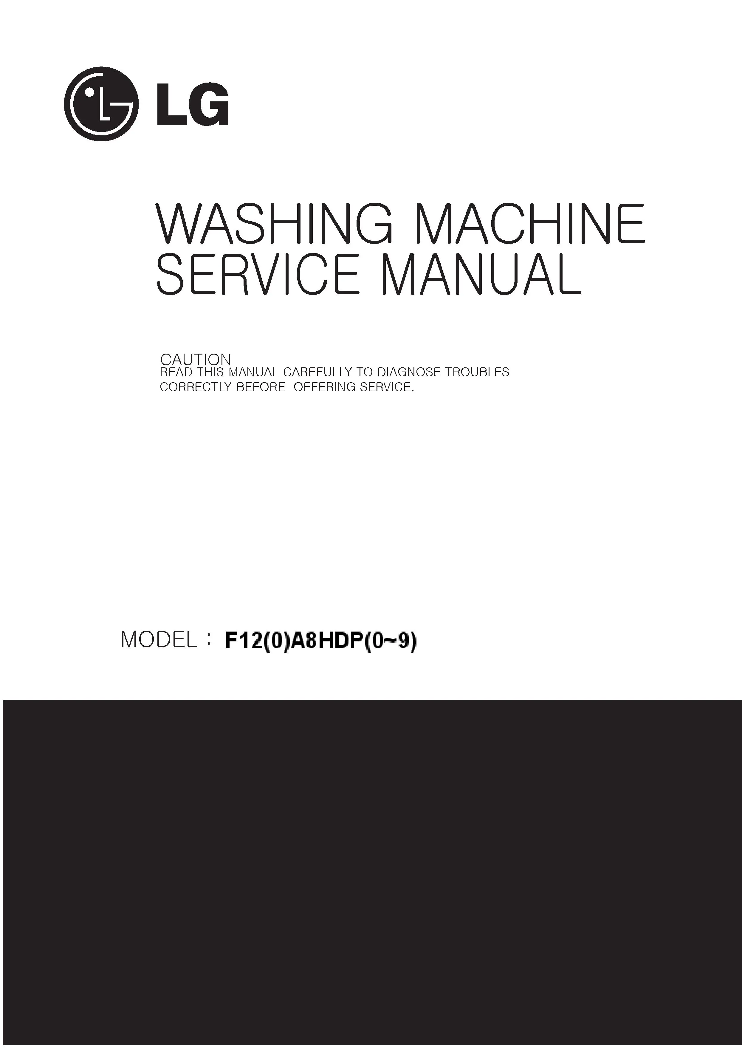 Lg f12a8hd5 service manual cover with LG logo, service website path, washer model codes and service caution notice