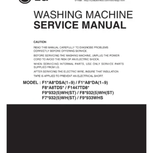 Lg f12a8tda service manual cover with LG logo, service website path, washer model codes and service caution notice