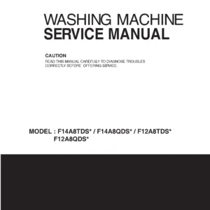 Lg f12a8tdwa5 service manual cover with LG logo, service website path, washer model codes and service caution notice