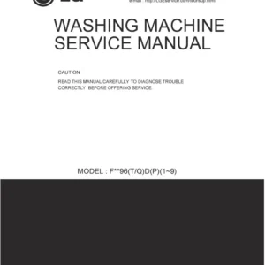 Lg f12b8qdwa service manual cover with LG logo, service website path, washer model codes and service caution notice