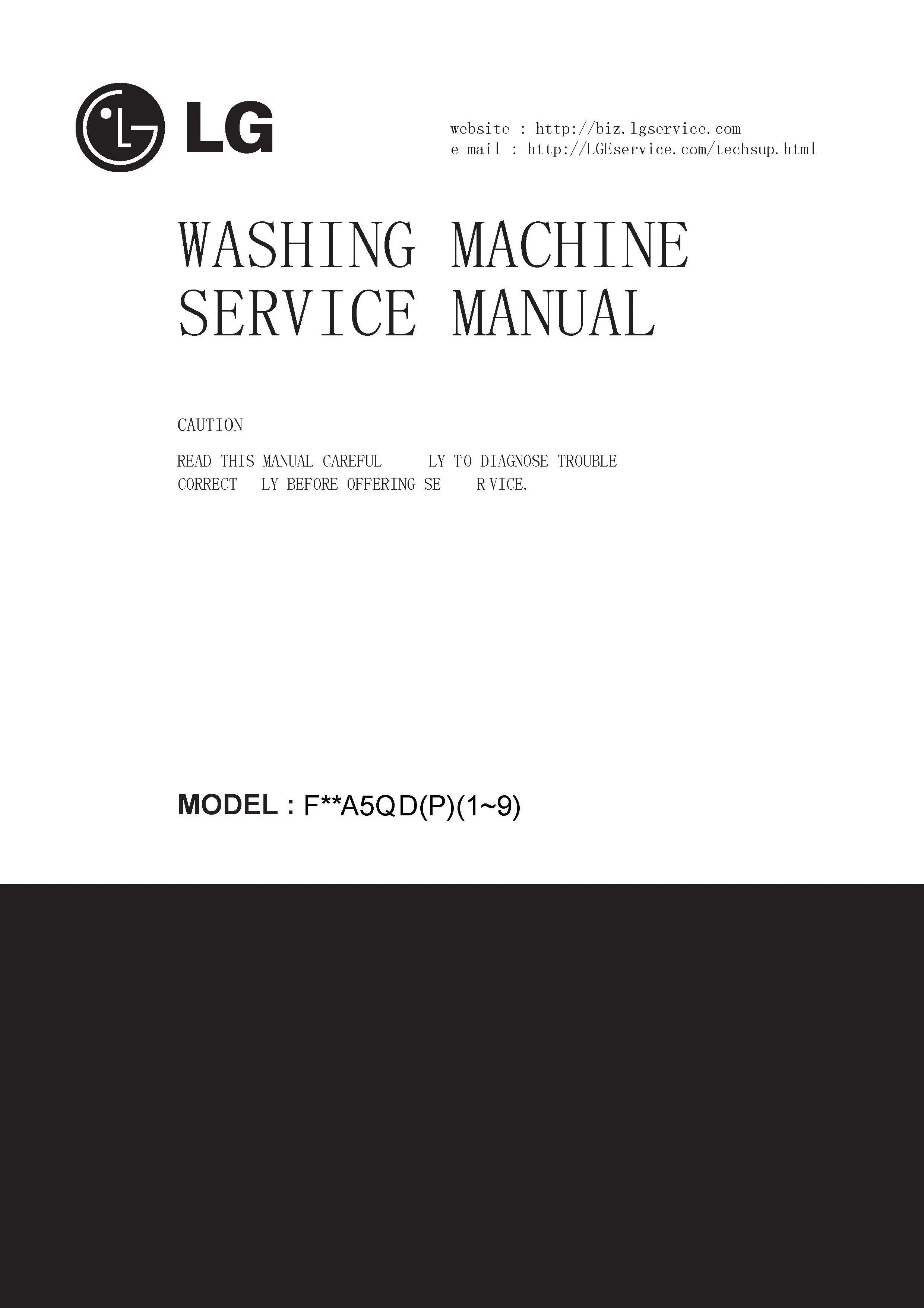 Lg f12c3qdp service manual cover with LG logo, service website path, washer model codes and service caution notice