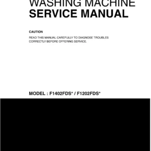 Lg f1402fds5 service manual cover with LG logo, service website path, washer model codes and service caution notice