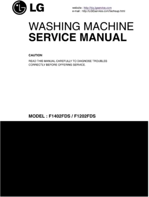 Lg f1402fds6 service manual cover with LG logo, service website path, washer model codes and service caution notice