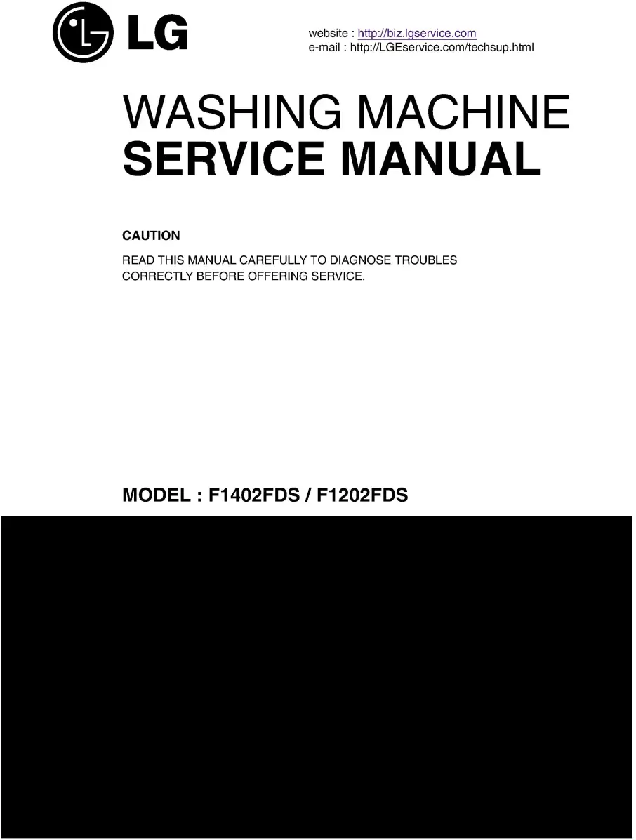 Lg f1402fds6 service manual cover with LG logo, service website path, washer model codes and service caution notice
