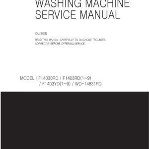 Lg f14030rd service manual cover with LG logo, service website path, washer model codes and service caution notice