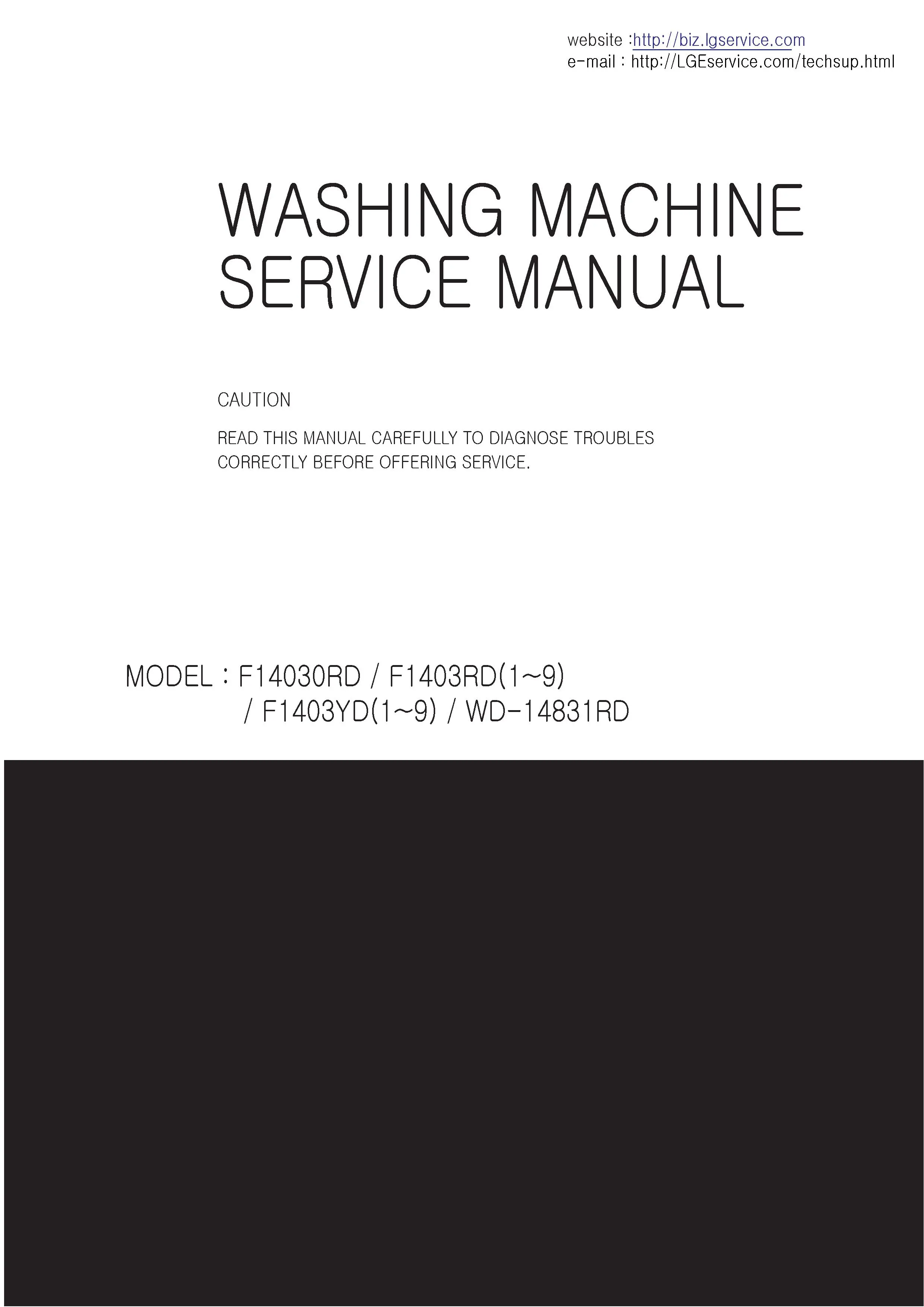 Lg f14030rd service manual cover with LG logo, service website path, washer model codes and service caution notice