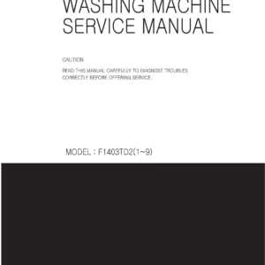Lg f1403td2 service manual cover with LG logo, service website path, washer model codes and service caution notice