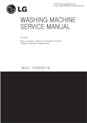 Lg f1403td2 service manual cover with LG logo, service website path, washer model codes and service caution notice