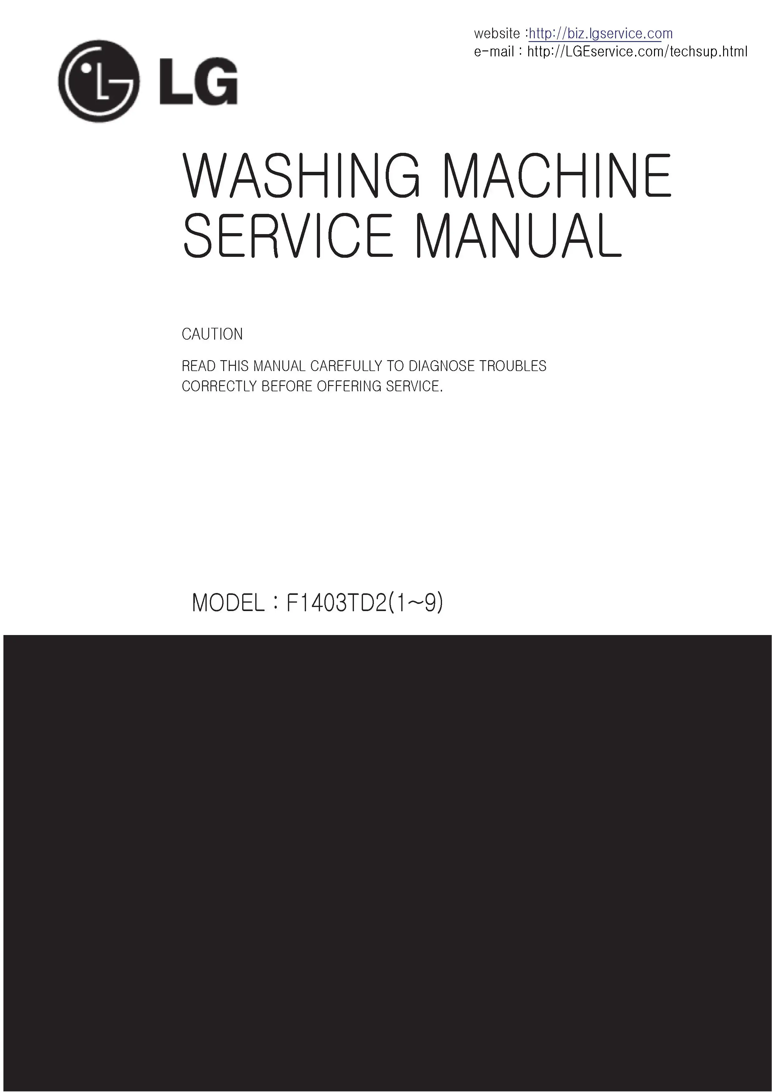 Lg f1403td2 service manual cover with LG logo, service website path, washer model codes and service caution notice