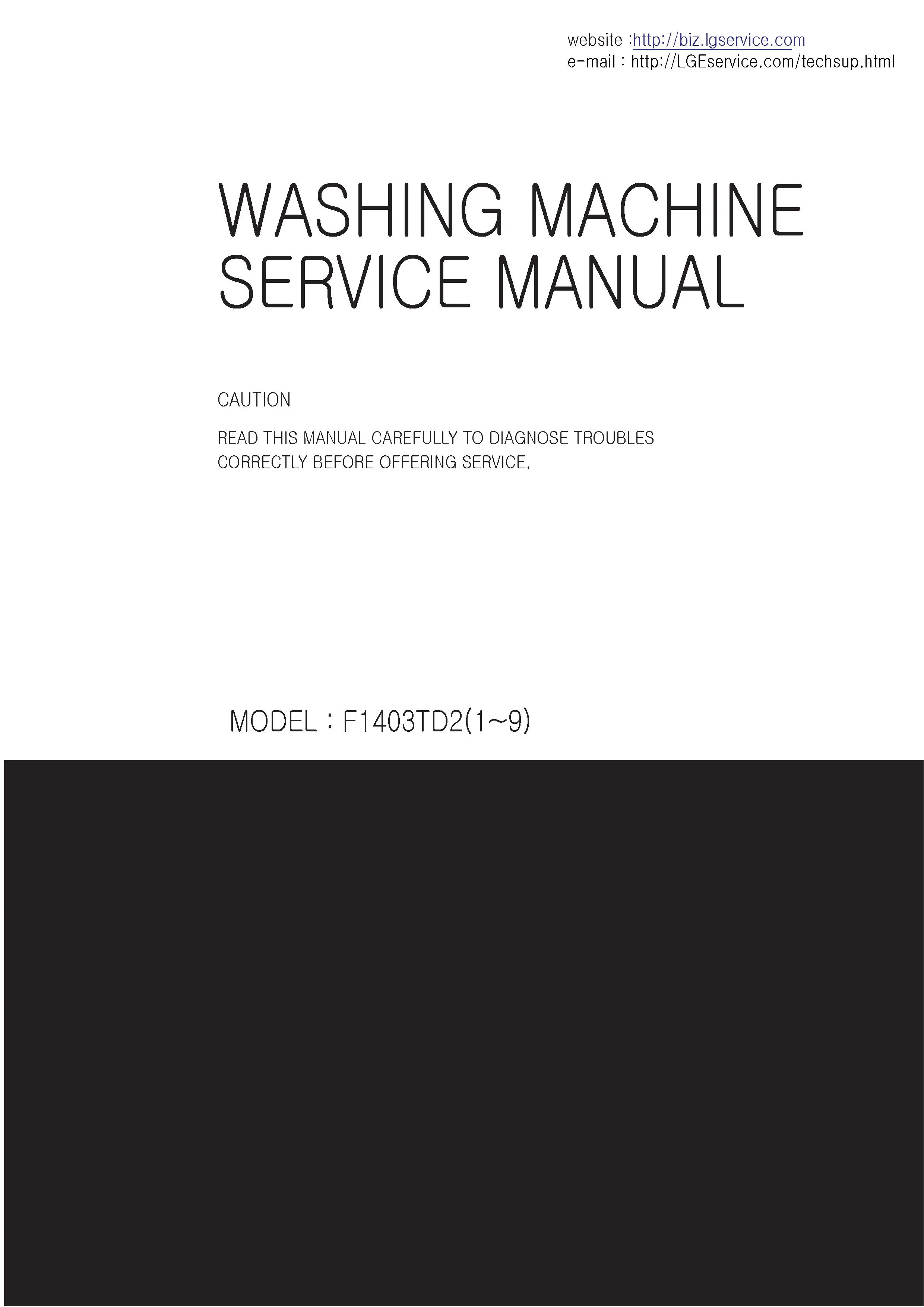 Lg f1403td25 service manual cover with LG logo, service website path, washer model codes and service caution notice