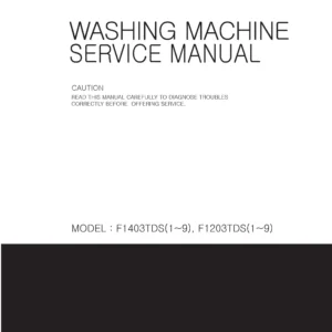 Lg f1403tds service manual cover with LG logo, service website path, washer model codes and service caution notice