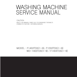 Lg f1403tds5 service manual cover with LG logo, service website path, washer model codes and service caution notice