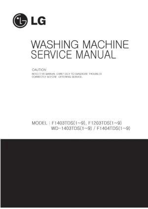Lg f1403tds5 service manual cover with LG logo, service website path, washer model codes and service caution notice
