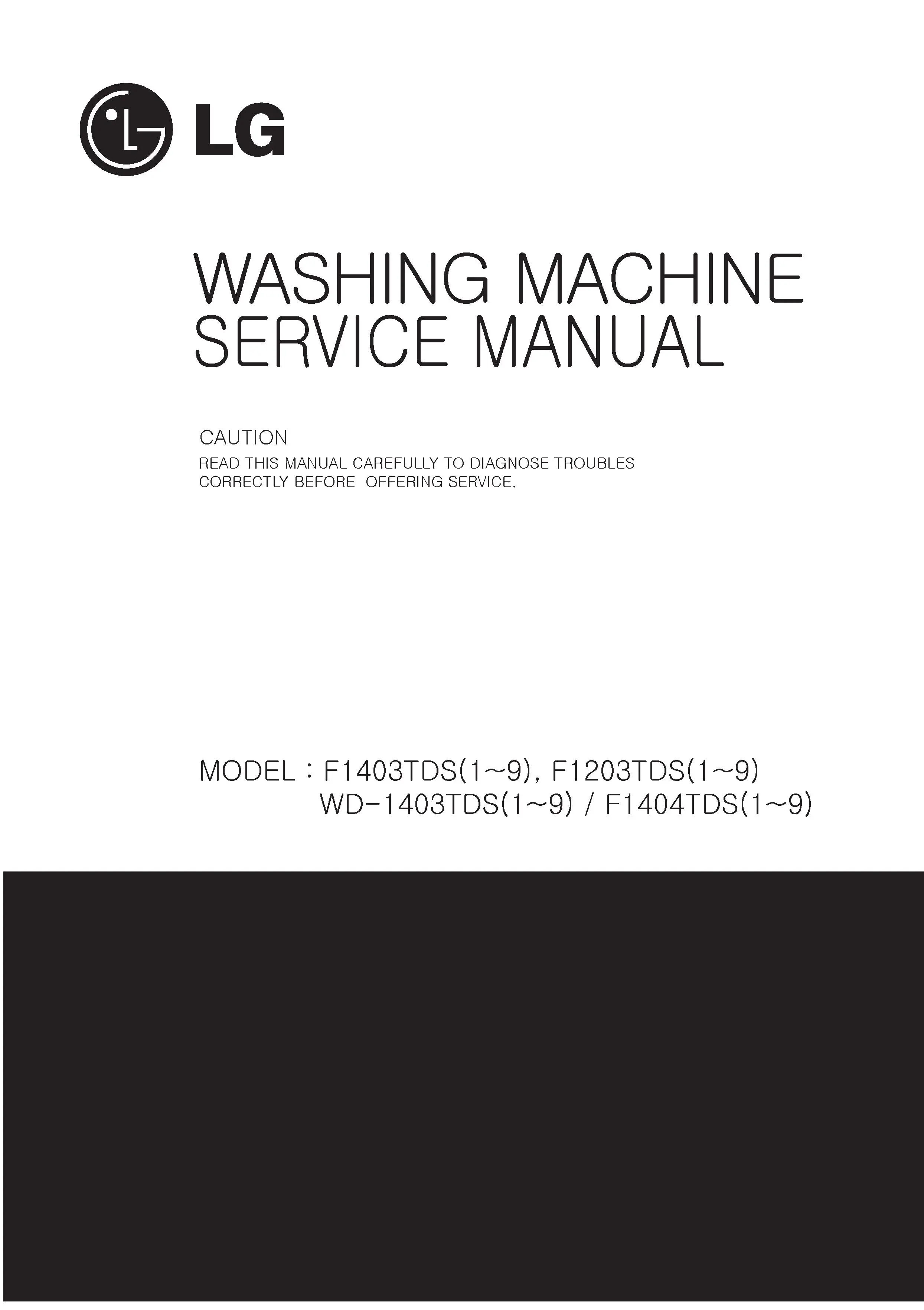 Lg f1403tds6 service manual cover with LG logo, service website path, washer model codes and service caution notice