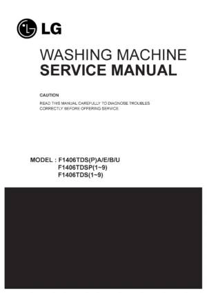 Lg f1406tdsp6 service manual cover with LG logo, service website path, washer model codes and service caution notice