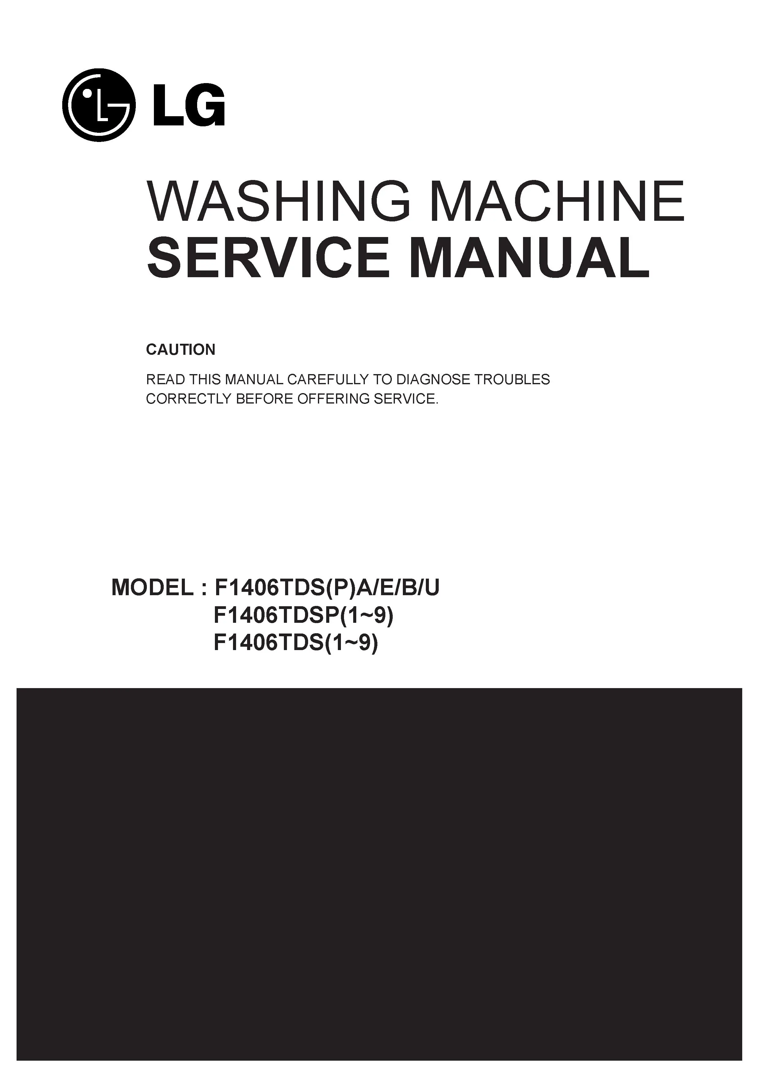 Lg f1406tdsp6 service manual cover with LG logo, service website path, washer model codes and service caution notice