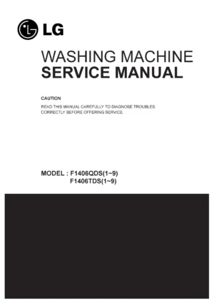 Lg f1406tdsru service manual cover with LG logo, service website path, washer model codes and service caution notice