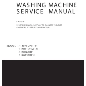 Lg f14076tdp service manual cover with LG logo, service website path, washer model codes and service caution notice