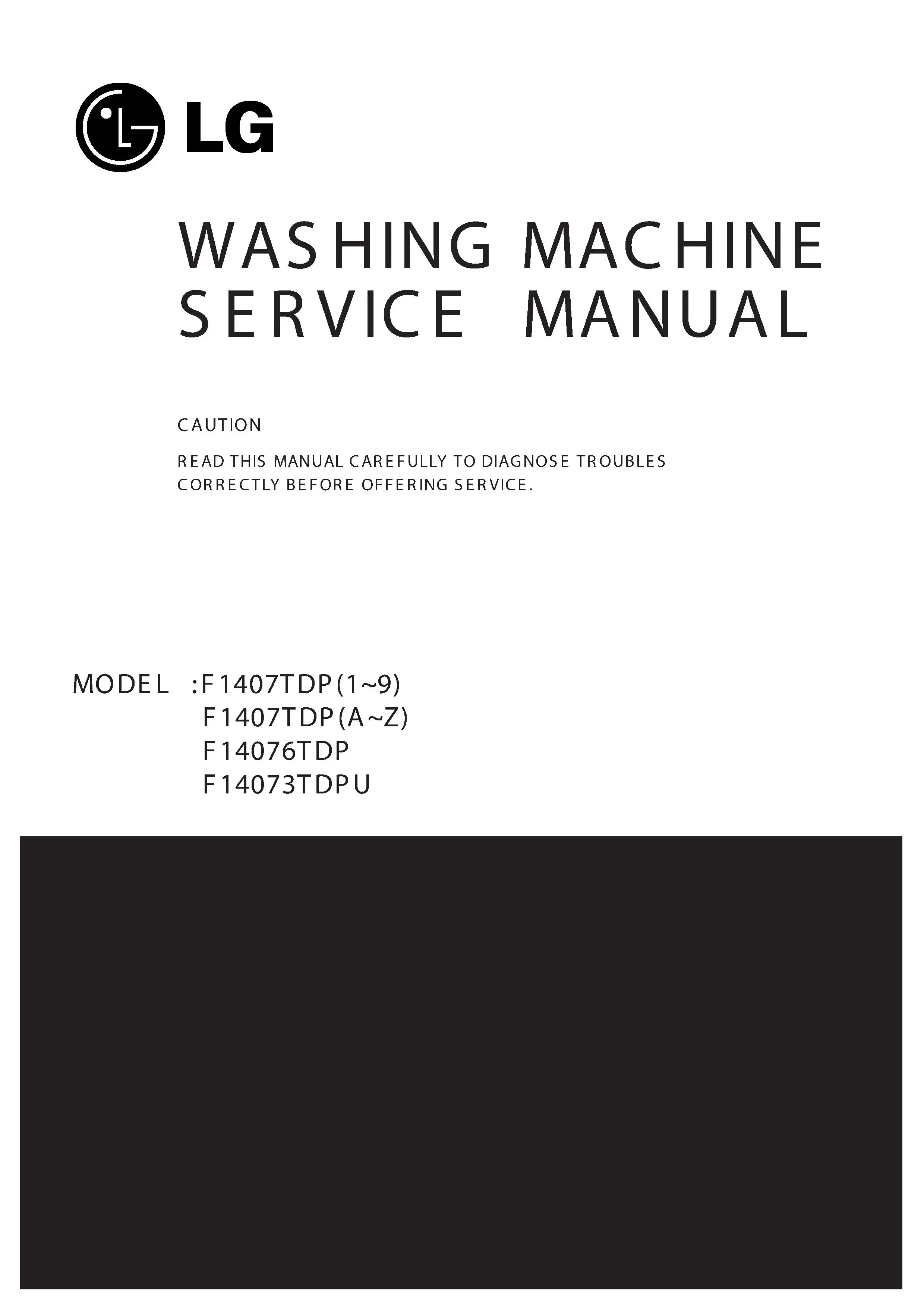Lg f14076tdp service manual cover with LG logo, service website path, washer model codes and service caution notice