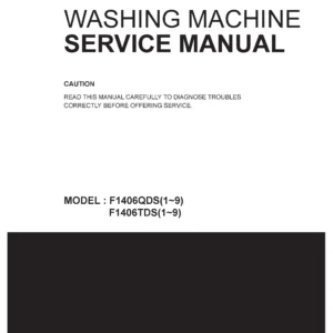Lg f1409tds service manual cover with LG logo, service website path, washer model codes and service caution notice