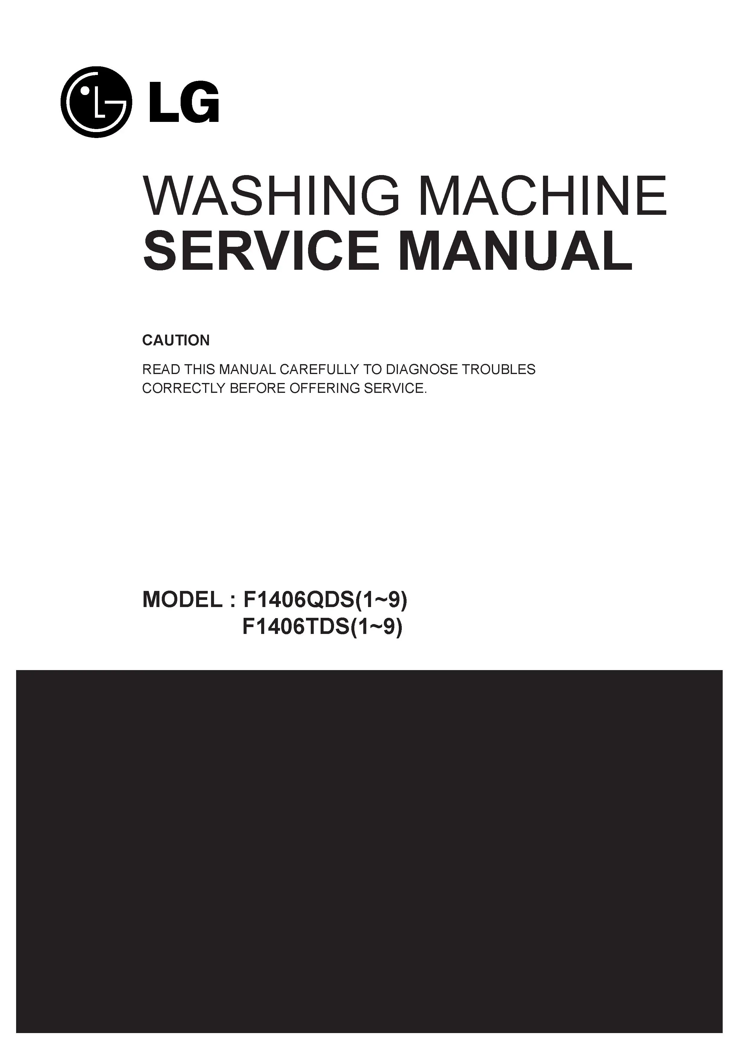 Lg f1409tds service manual cover with LG logo, service website path, washer model codes and service caution notice