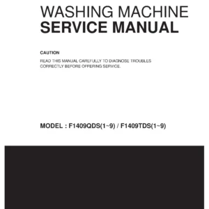 Lg f1409tds5 service manual cover with LG logo, service website path, washer model codes and service caution notice