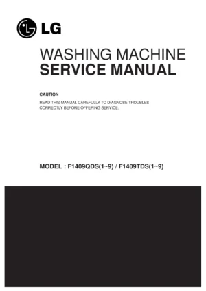 Lg f1409tds5 service manual cover with LG logo, service website path, washer model codes and service caution notice