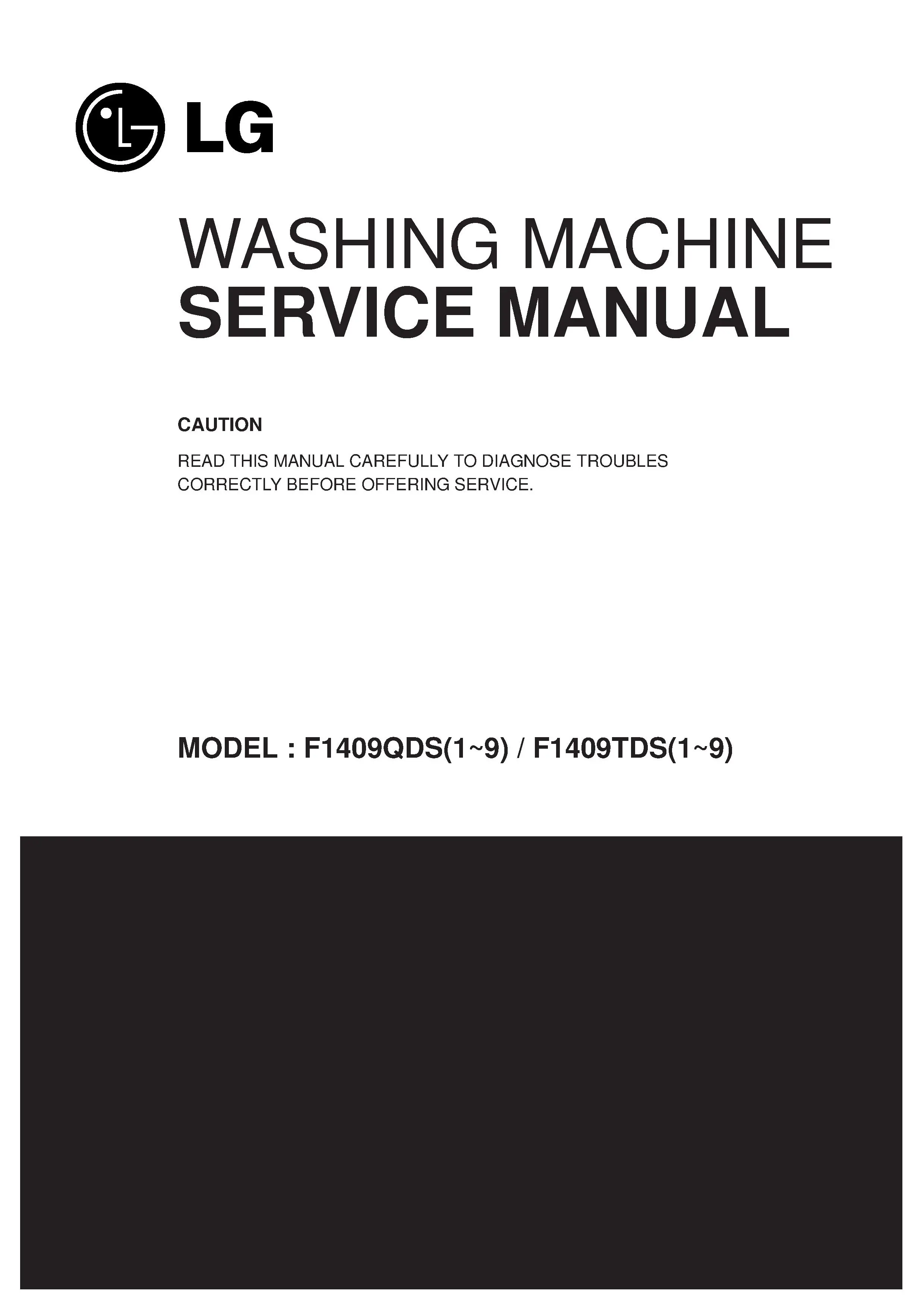 Lg f1409tds5 service manual cover with LG logo, service website path, washer model codes and service caution notice