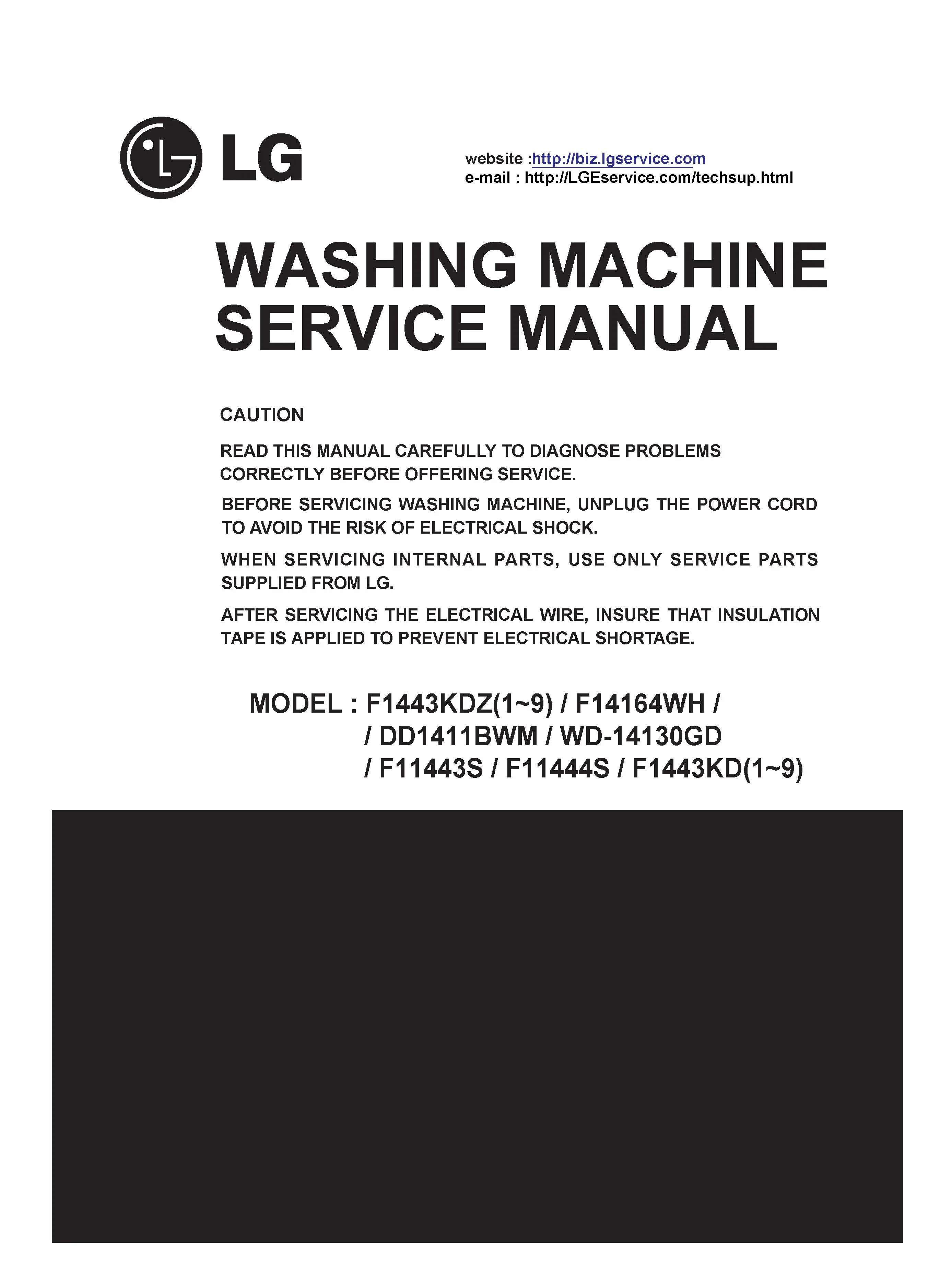 Lg f14164wh service manual cover with LG logo, service website path, washer model codes and service caution notice