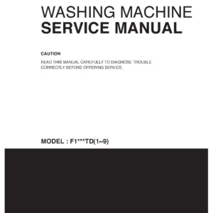 Lg f1419td service manual cover with LG logo, service website path, washer model codes and service caution notice