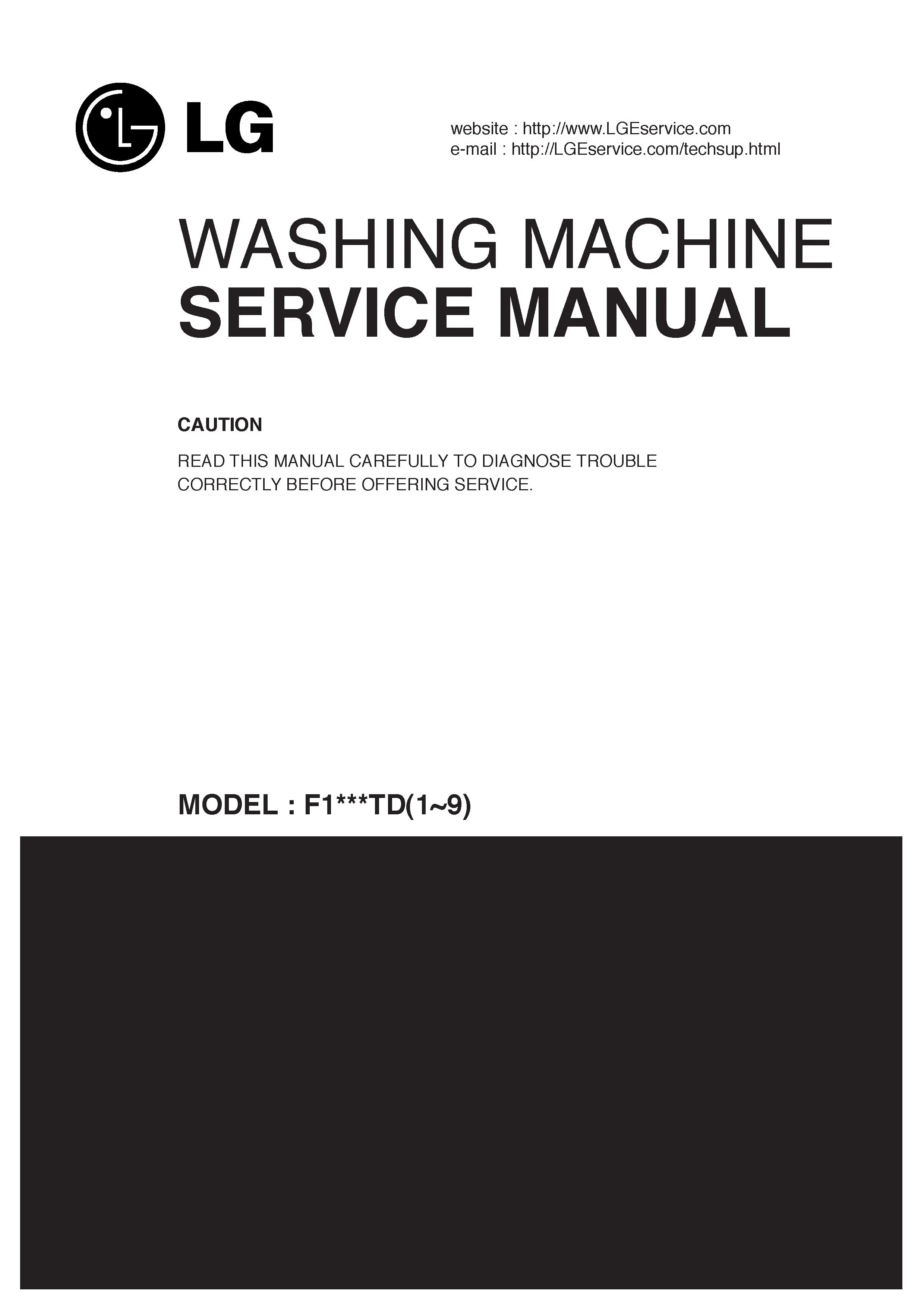 Lg f1419td service manual cover with LG logo, service website path, washer model codes and service caution notice