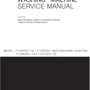 Lg f1422td25 service manual cover with LG logo, service website path, washer model codes and service caution notice