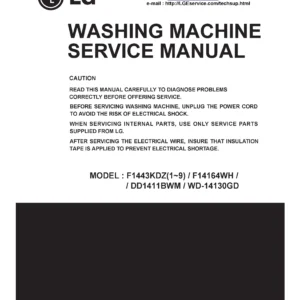 Lg f1443kd service manual cover with LG logo, service website path, washer model codes and service caution notice
