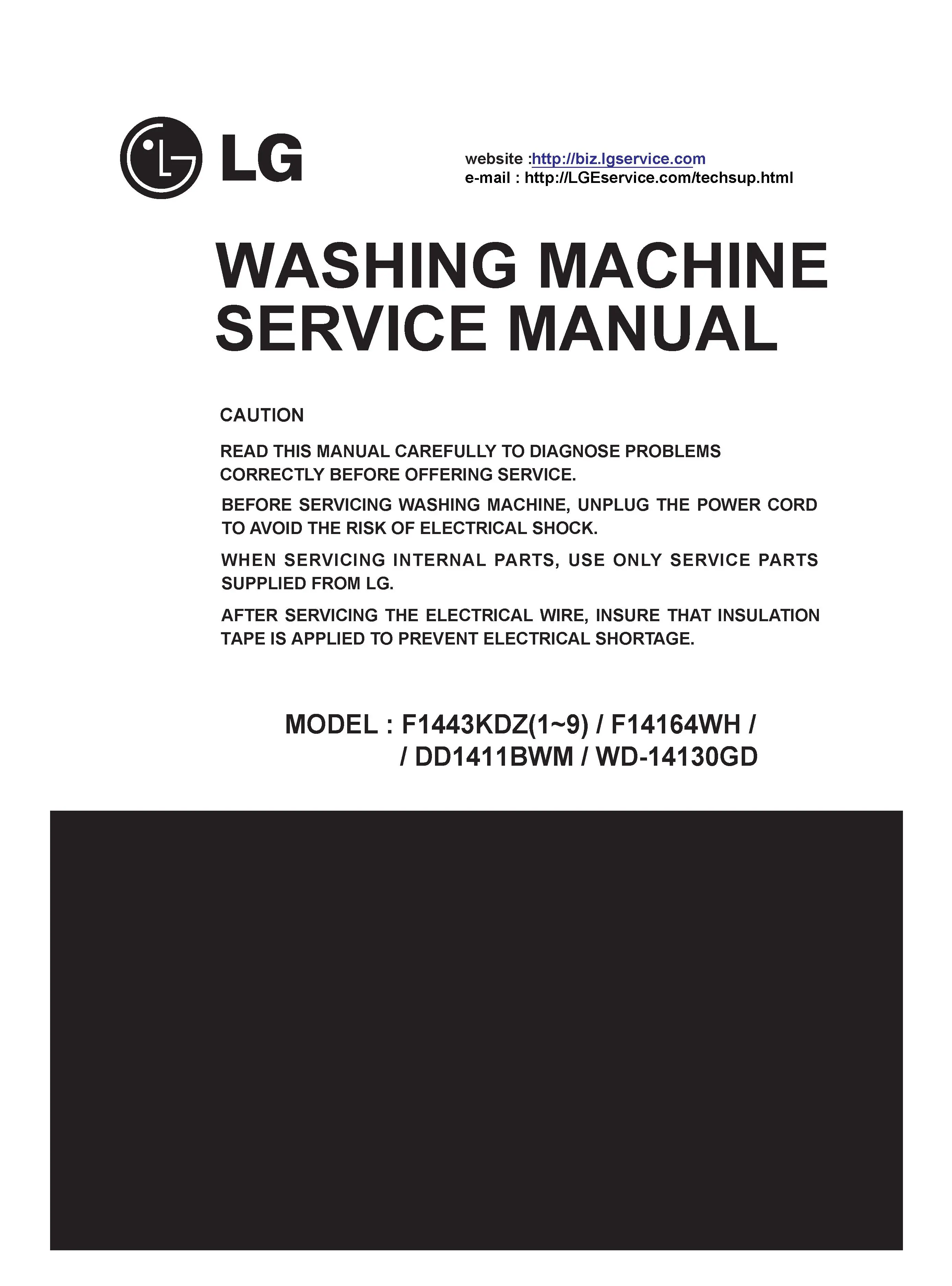 Lg f1443kd service manual cover with LG logo, service website path, washer model codes and service caution notice