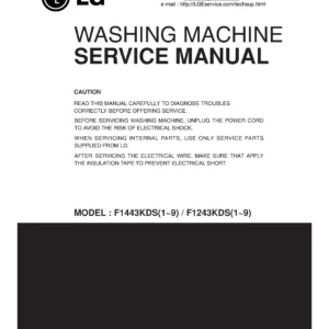 Lg f1443kds6 service manual cover with LG logo, service website path, washer model codes and service caution notice
