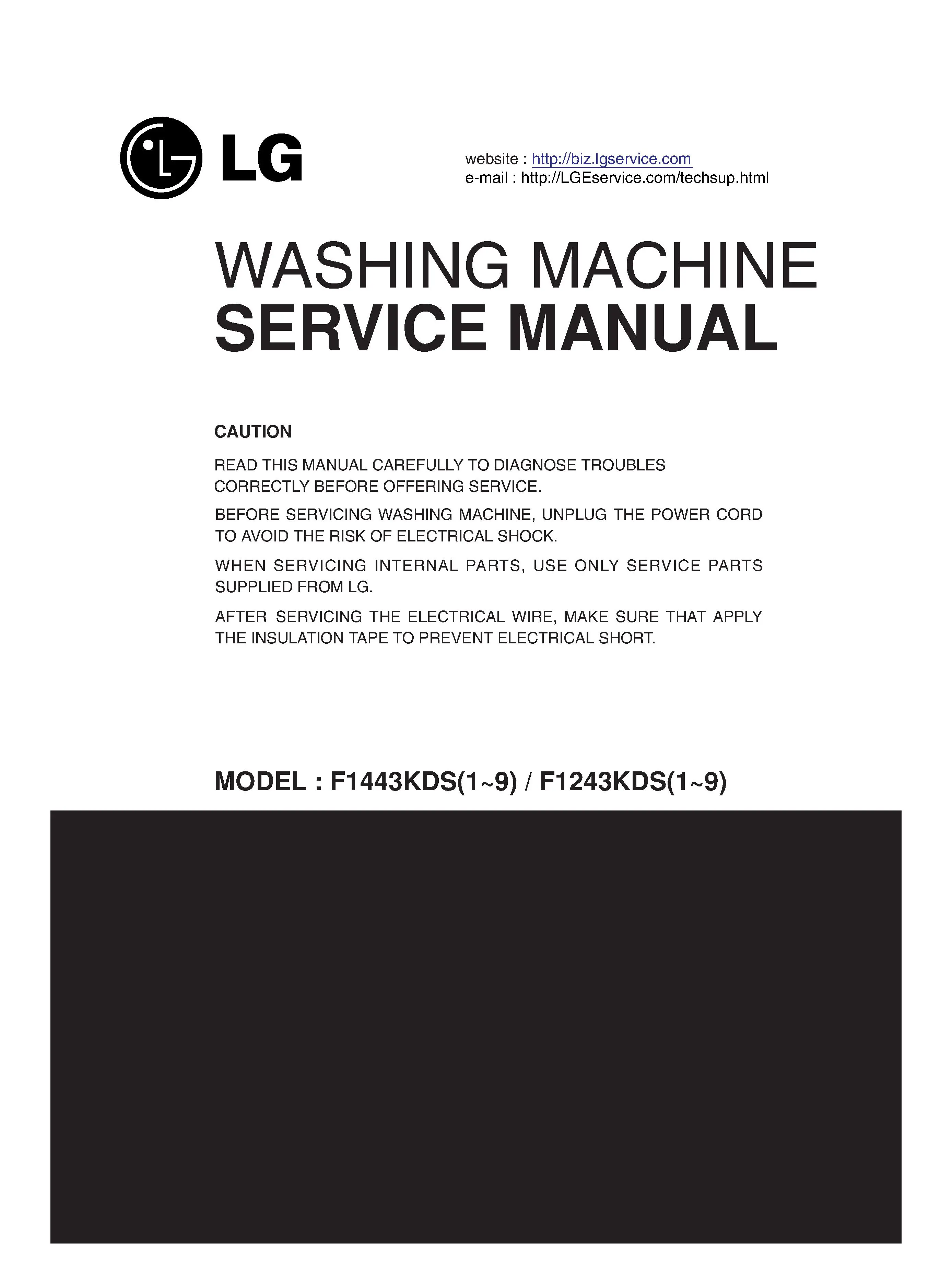 Lg f1443kds7 service manual cover with LG logo, service website path, washer model codes and service caution notice
