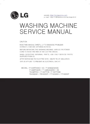 Lg f1447td8 service manual cover with LG logo, service website path, washer model codes and service caution notice