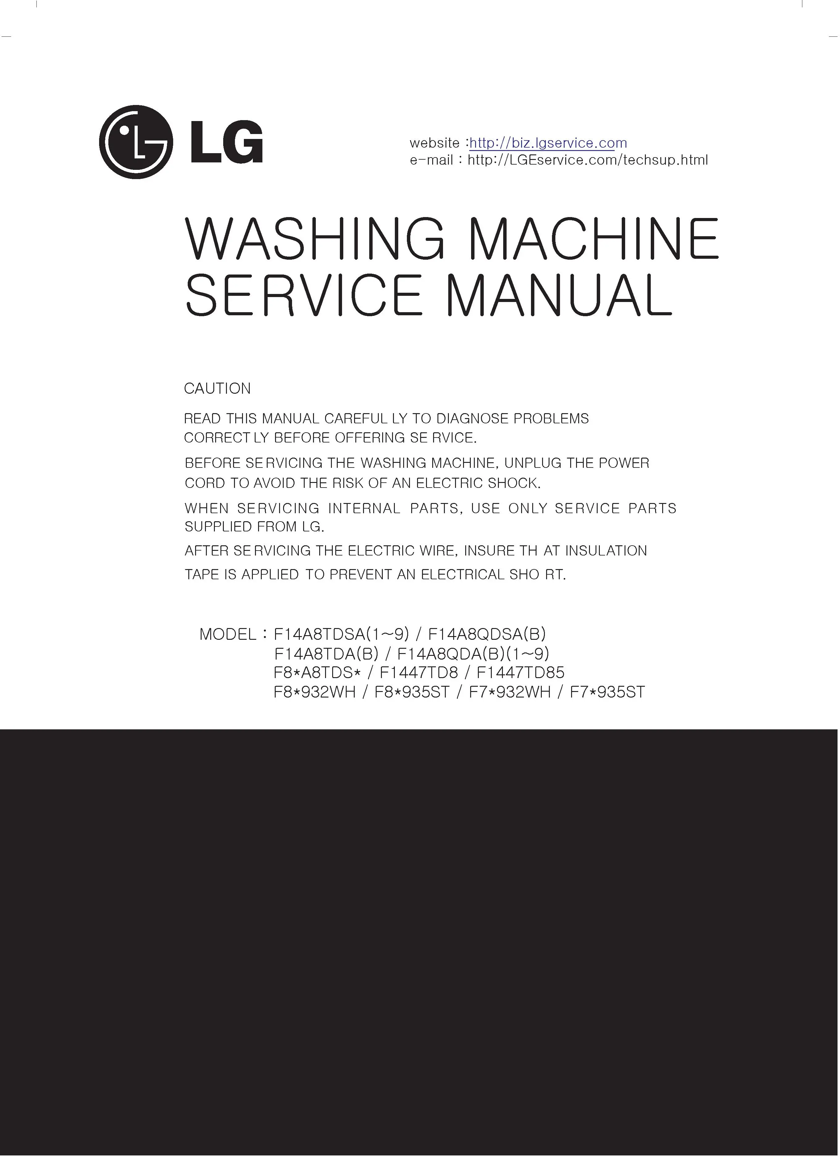 Lg f1447td8 service manual cover with LG logo, service website path, washer model codes and service caution notice