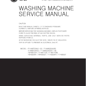 Lg f1447td85 service manual cover with LG logo, service website path, washer model codes and service caution notice