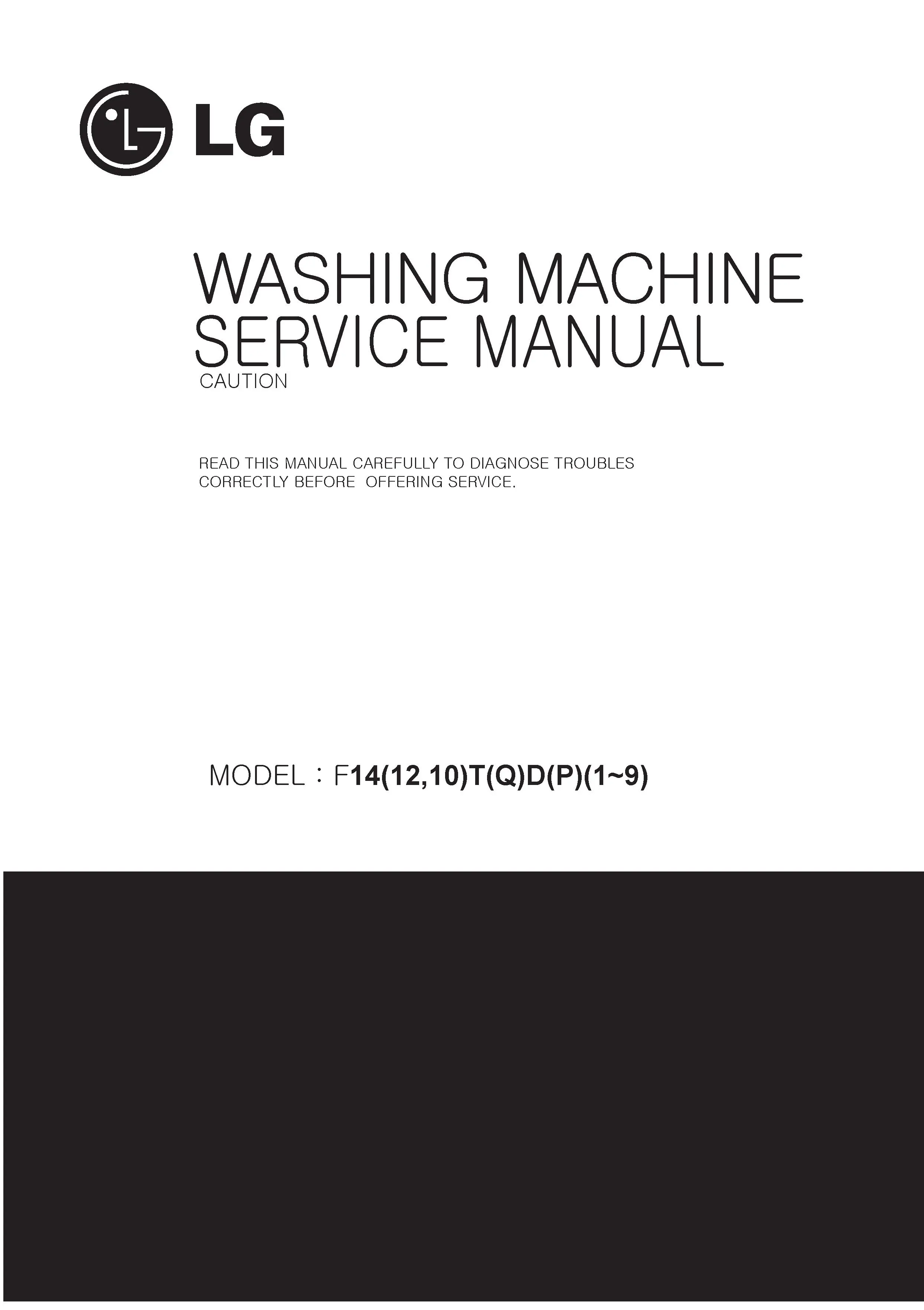 Lg f1448qdp1 service manual cover with LG logo, service website path, washer model codes and service caution notice